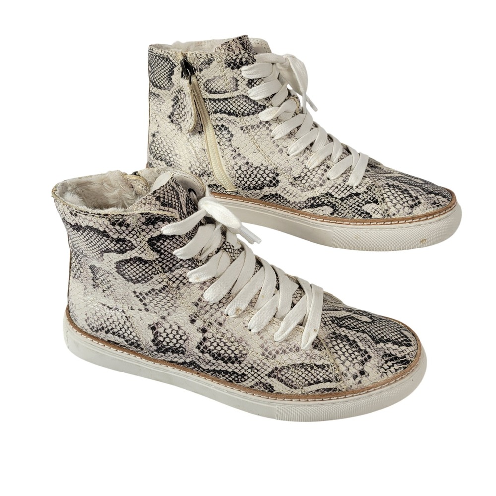 Johnston & Murphy Snakeskin High Top Sneakers Women 9 Cream Grey Faux Fur Lined